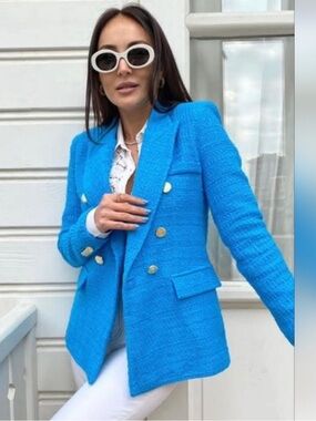 Zara Bright Blue Tweed Double-Breasted Blazer with Gold Buttons Size M
